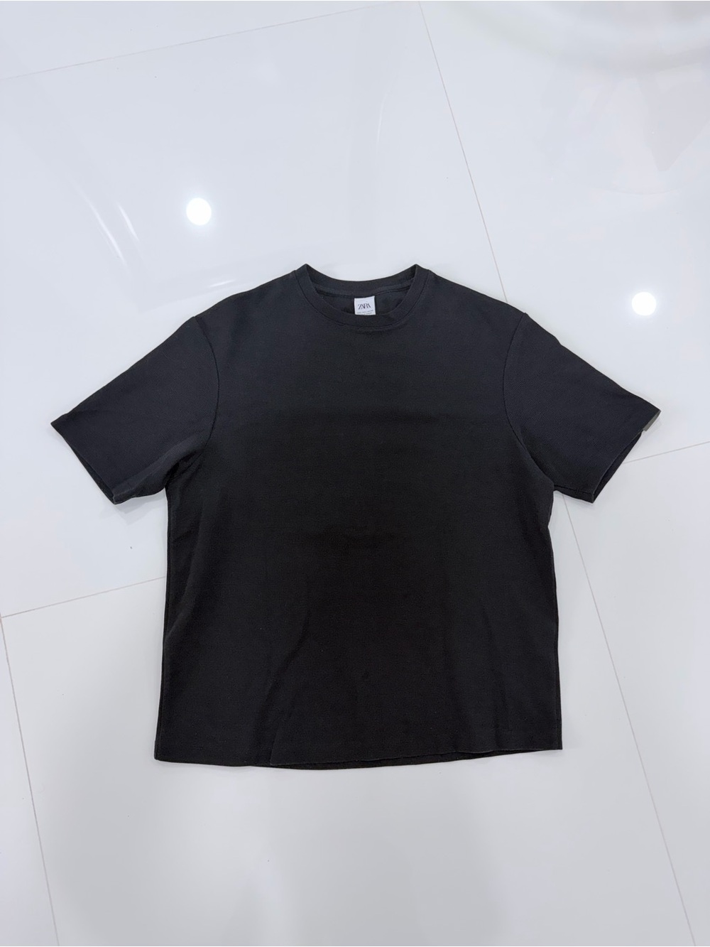 Zara Waffle Knit Textured Black Boxy Tee Size L